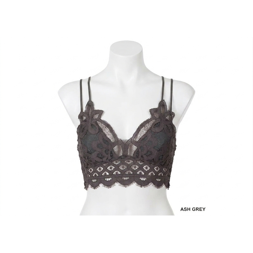 NEW ZENANA crochet lace bralette with bra pads in ash grey